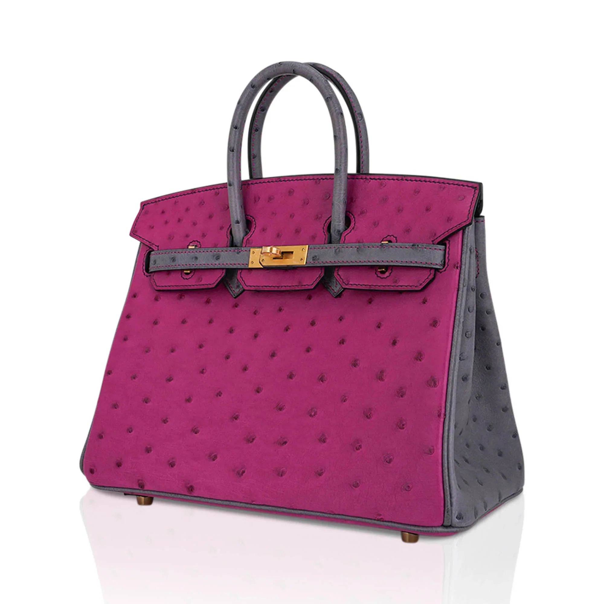 Birkin HSS 25 Bag Rose Pourpre and Gris Agate Ostrich with Gold Hardware