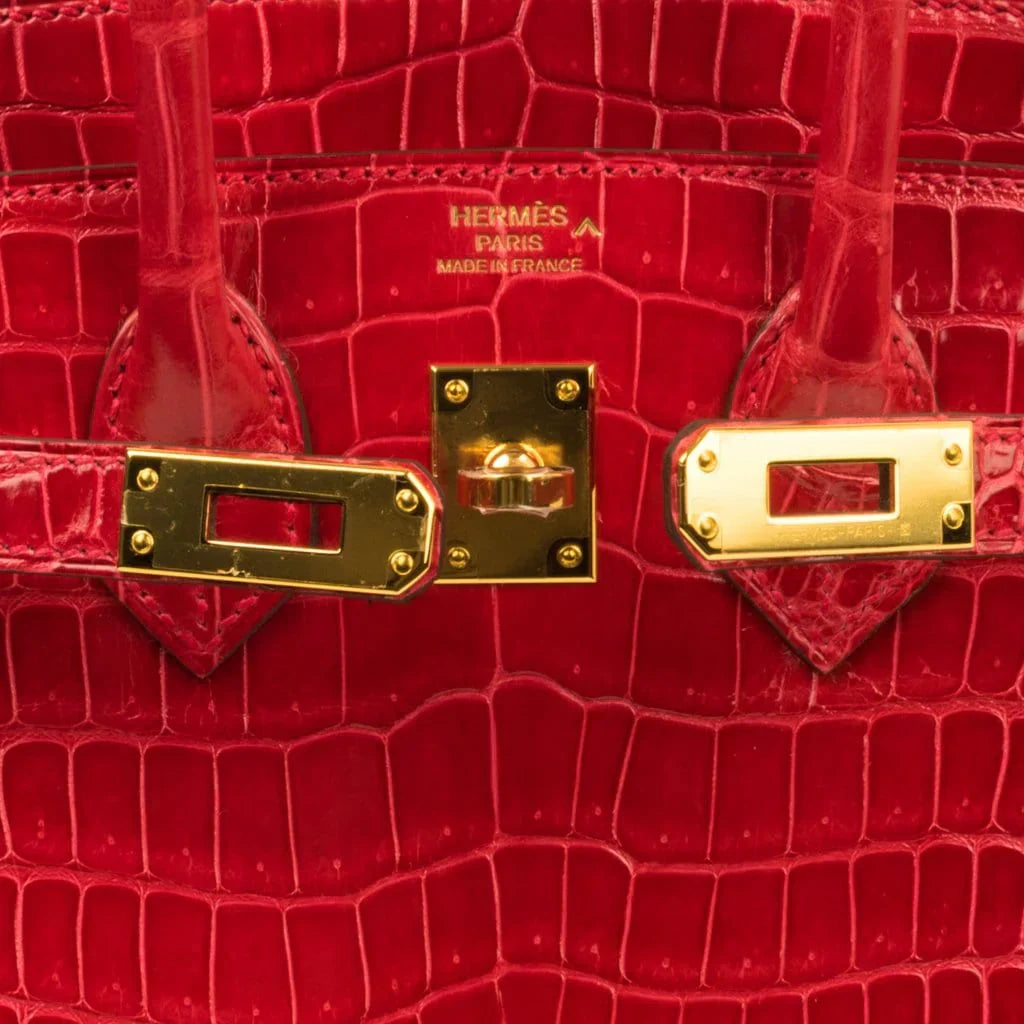 Birkin 25 Bag Red Braise Porosus Crocodile Gold Hardware Lipstick Red