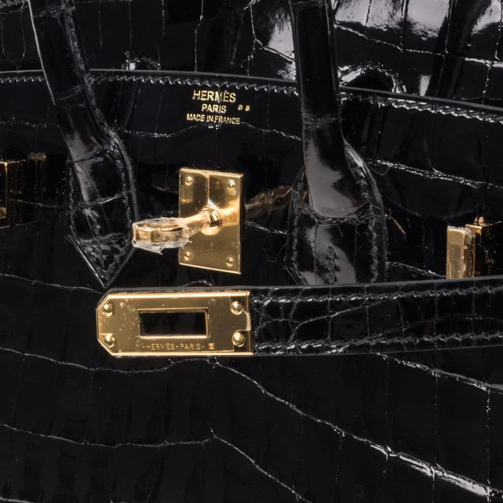 Birkin 25 Bag Black Crocodile Lisse Gold Hardware
